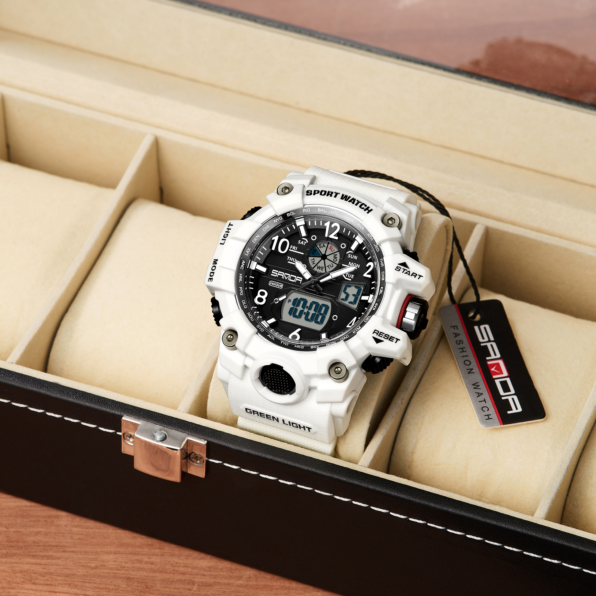 SANDA 3169 New Fashionable Casual Watch for Men, Digital Dual Time Zone, Weekly Gold Sport, 5bar Waterproof Quartz Watch, Relogio Masculino