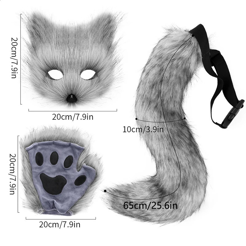 3 piecesset Halloween Carnival costume animal tail fox mask gloves animation exhibition roleplaying outdoor party 240923