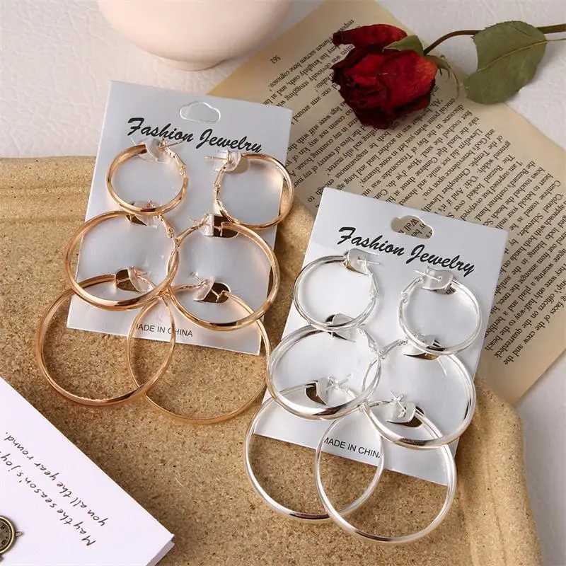 FNIO Declaration Gold Bamboo Round Hoop Earrings for Women Hip Hop Earrings Set Classic Jewelry 3 pieces/set W240923