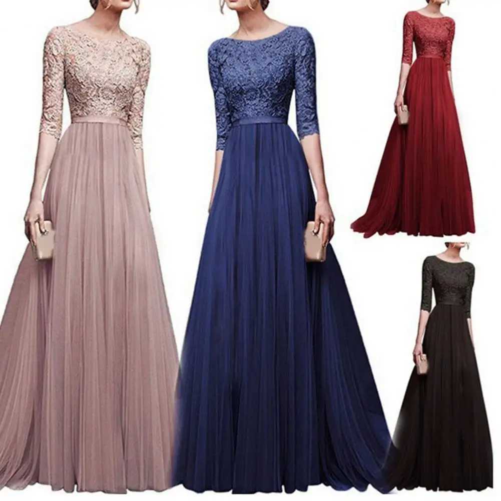 Womens Ball Dress Round Neck Lace Half Slip Tight Waist Floor Length Folded Womens Maxi Evening Dress CL240924