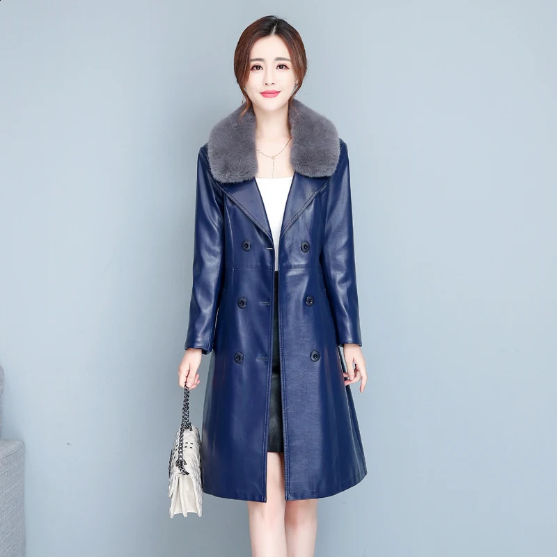 M-7XL Womens Sheepskin Coat for Spring Autumn and Winter Fashion Fur Collar Warm Ultra Thin Long Sheepskin Coat for Women 240923