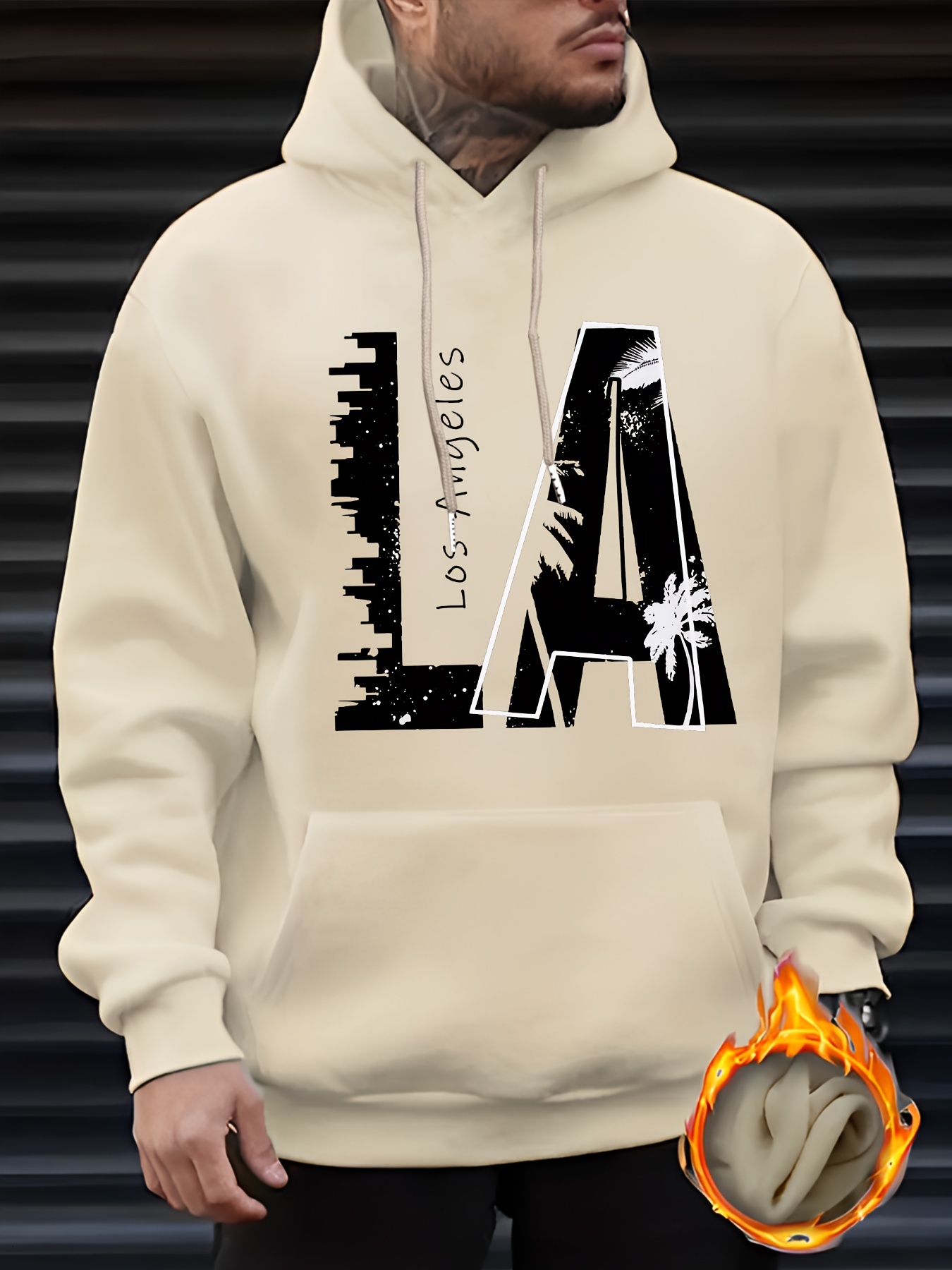 Men's LA Print Casual Hoodie - Fashionable Drawstring Pullover with Kangaroo Pocket, Comfortable Polyester Blend for Fall/Winter
