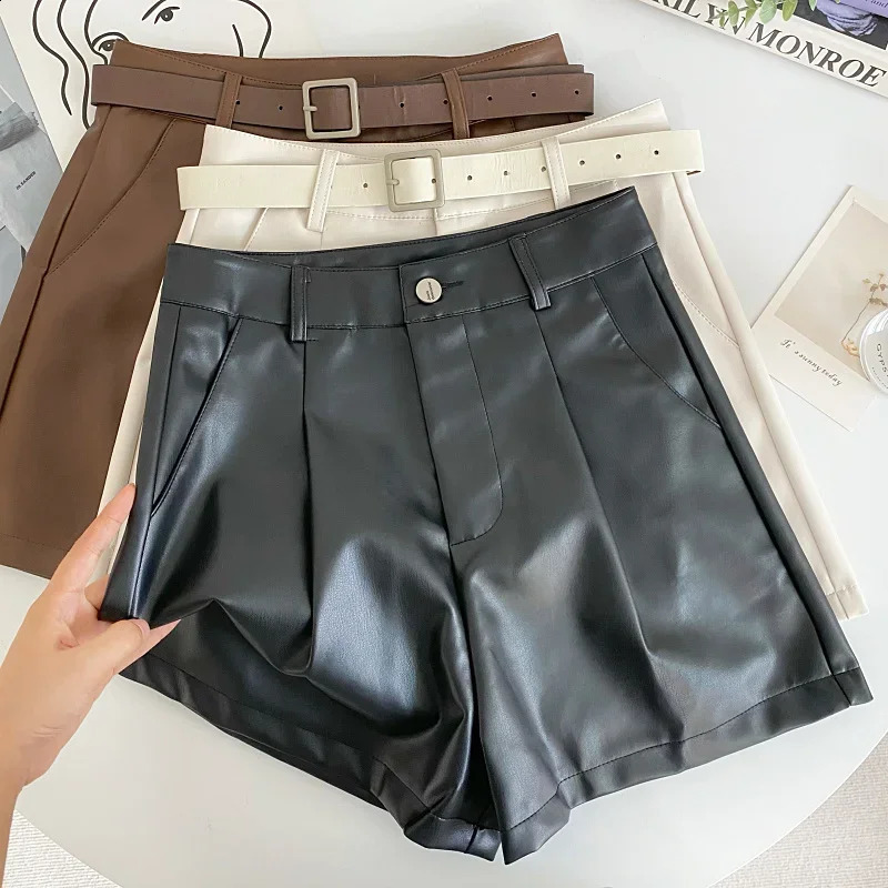 Kimotimo PU Leather Solid Womens Autumn/Winter Retro Belt High Waist Coat Wide Leg Shorts Full Match Clothing 240924 XJ260206