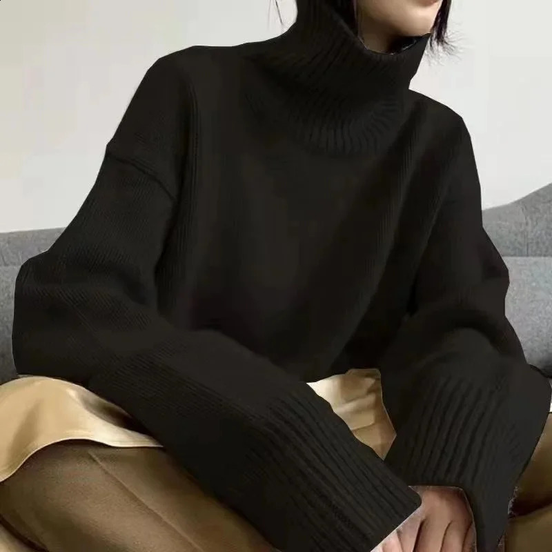 Womens turtle neck sweater large knit autumn and winter latte womens thick skydiving womens long sleeved top 240924