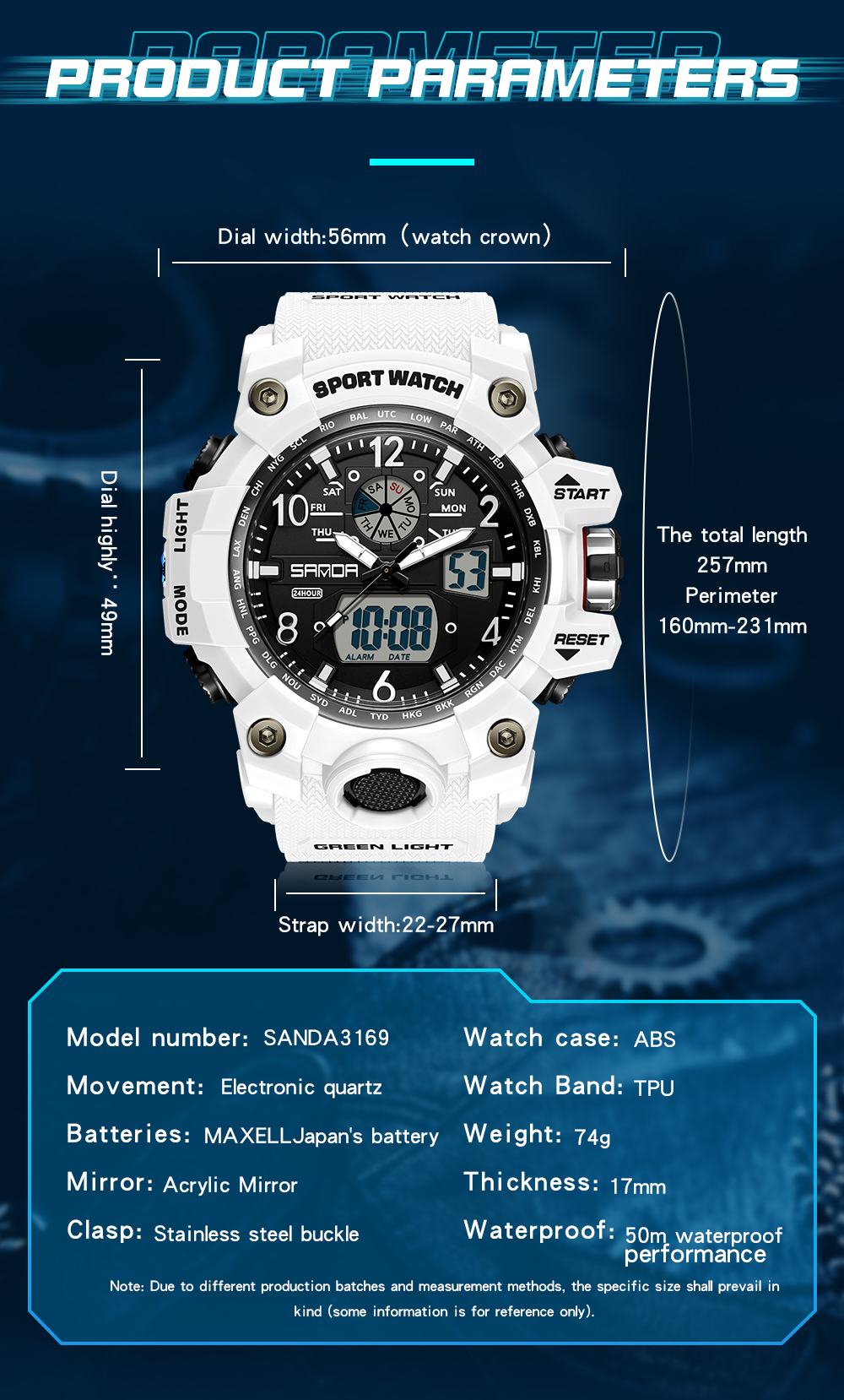 SANDA 3169 New Fashionable Casual Watch for Men, Digital Dual Time Zone, Weekly Gold Sport, 5bar Waterproof Quartz Watch, Relogio Masculino