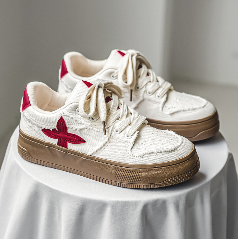 Men's Canvas Thick Sole Heightening Fashion Sneakers: Trendy Red Blue Print, Versatile Casual Shoes 1ec2