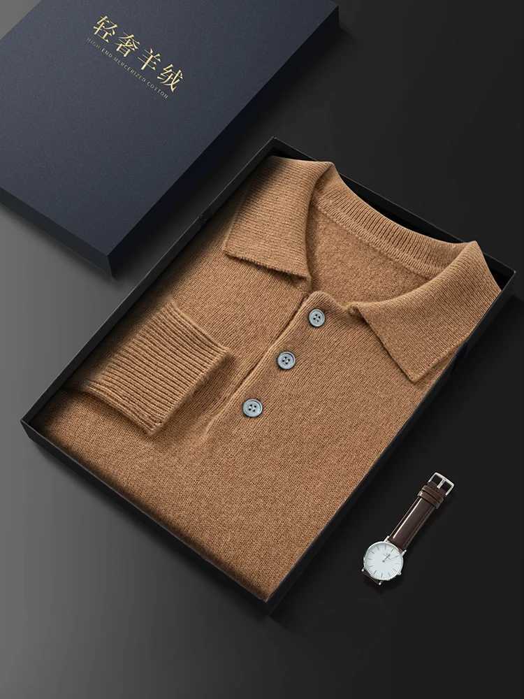 100% Cashmere Mens Polo Collar Pullover Sweater Autumn Solid Business Casual Knitted Loose Large Jacket CL240924