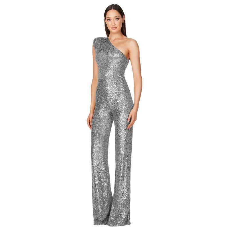 Womens one shoulder evening gown jumpsuit sleeveless sequin club party pants high waisted suit club uniform W240924