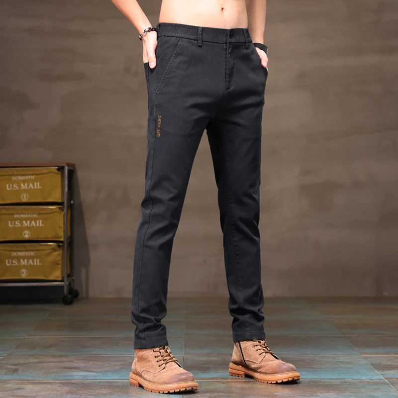 Stretch Casual Pants Men Slim Fit Classic Straight Trousers Solid Black Pants for Men Button Fly Denim Textured Trousers Z240924