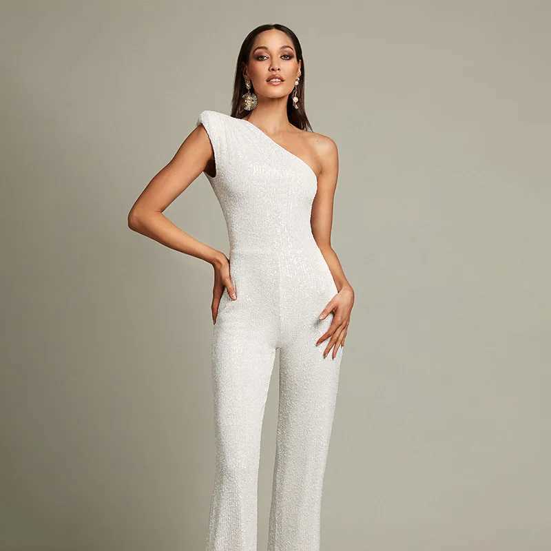 Womens one shoulder evening gown jumpsuit sleeveless sequin club party pants high waisted suit club uniform W240924
