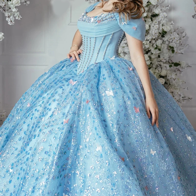 Sparkly Sky Blue Princess Off Shoulder Quinceanera Dresses Beads Crystal Pearls Tull Sweet 16 Ball Gown Vestidos De 15 Anos