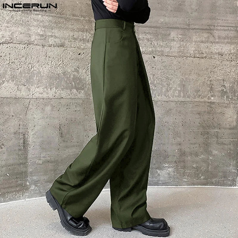 Men Pants Solid Color Button Joggers Loose Streetwear Wide Leg Men Pleated Fashion Casual Long Pants S-5XL INCERUN 240921
