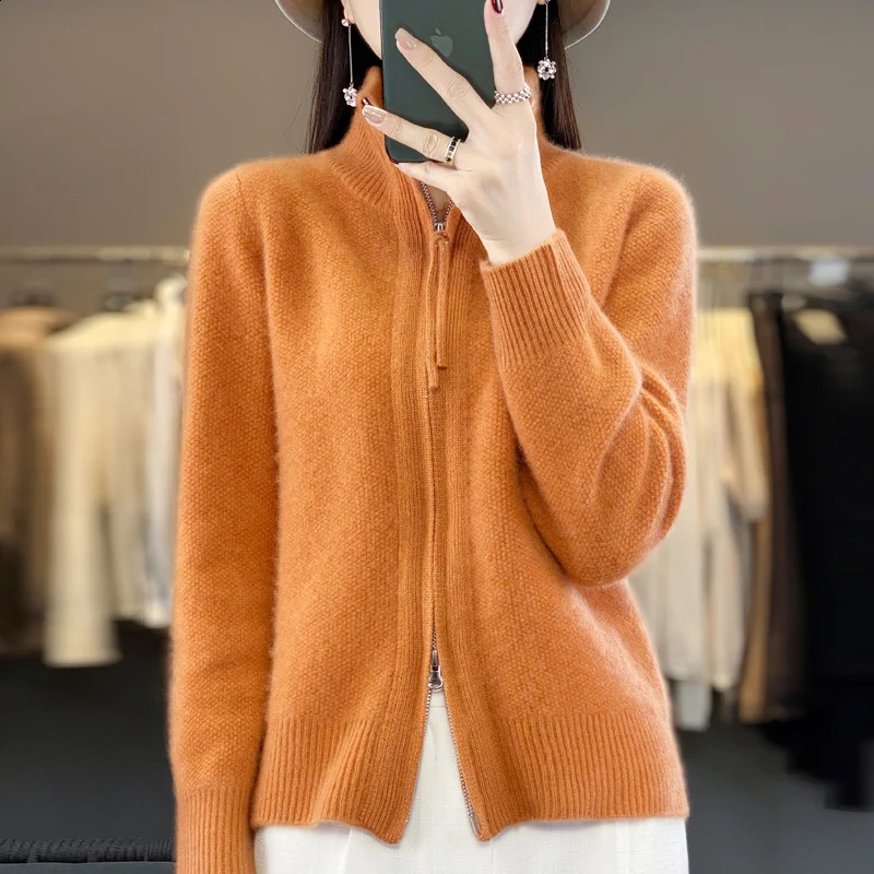 Autumn/Winter Ultra Thick Cashmere Zipper cardigan 100% Merino Wool Womens Turtle Neck Sweater Coat Solid Color Warm Knitted 240924