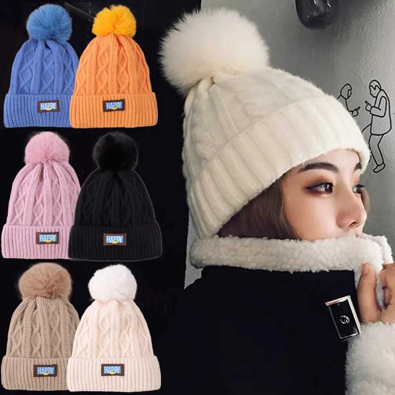 Winter Female Plush Knitted Beanies Hat Fur Pom Thicken Fleecelined for Women Girls Warm Hats Outdoor Woolen Thermal Gorro CXJ250910