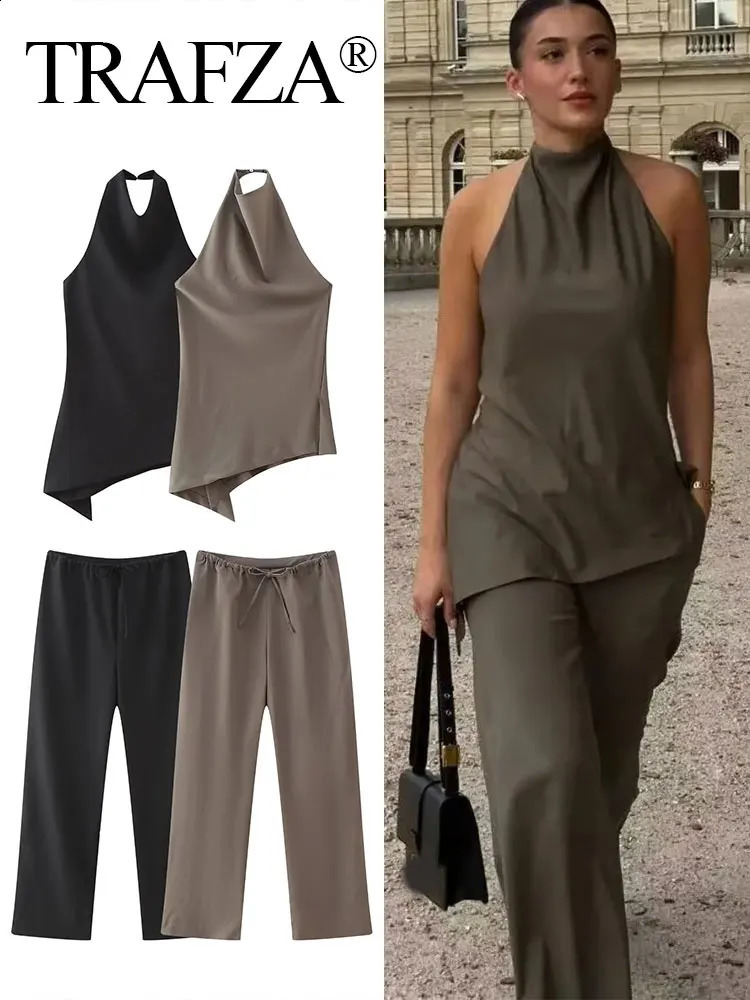 TRAFZA womens long pants set with no back and sexy camisole topelastic waist straight wide leg mens style 240924