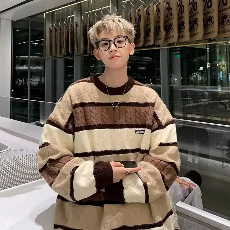 Autumn Striped Sweater Winter Mens Fashion Loose Knitted Top Collar Style 240924
