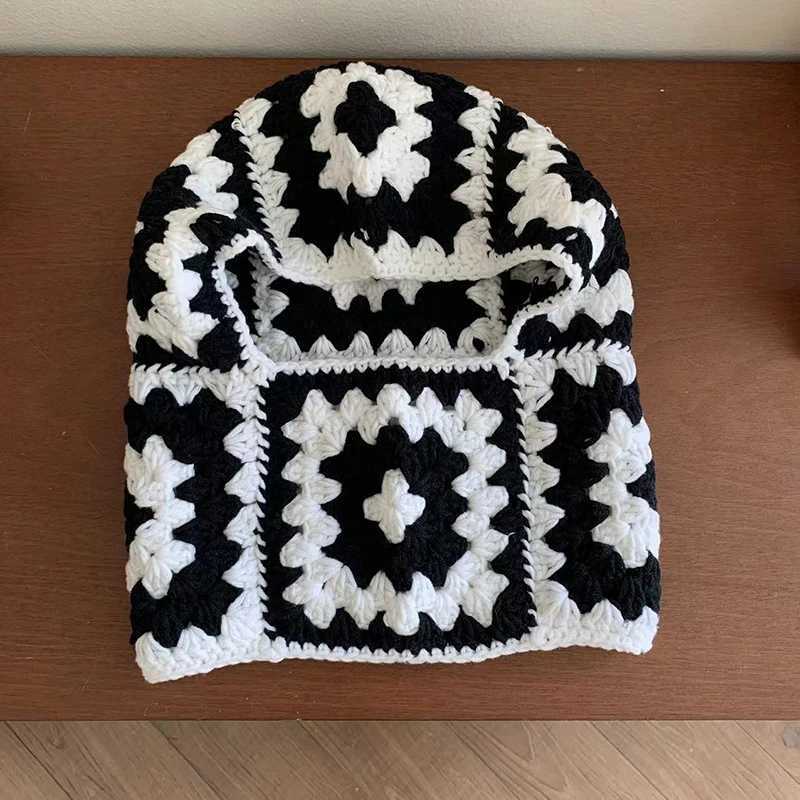 Womens knitted Balaclava hat handmade crochet flower square wool one-piece Beanies collar warm retro Ins zipper hat ski hat W240924