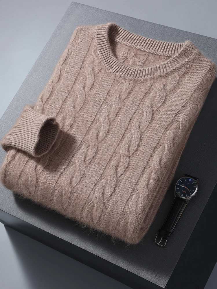Autumn and Winter Mens Round Neck Cashmere Sweater Cable Knitted Intelligent Leisure Pulling 100% Mink Cashmere Knitted High Quality Top CL240924