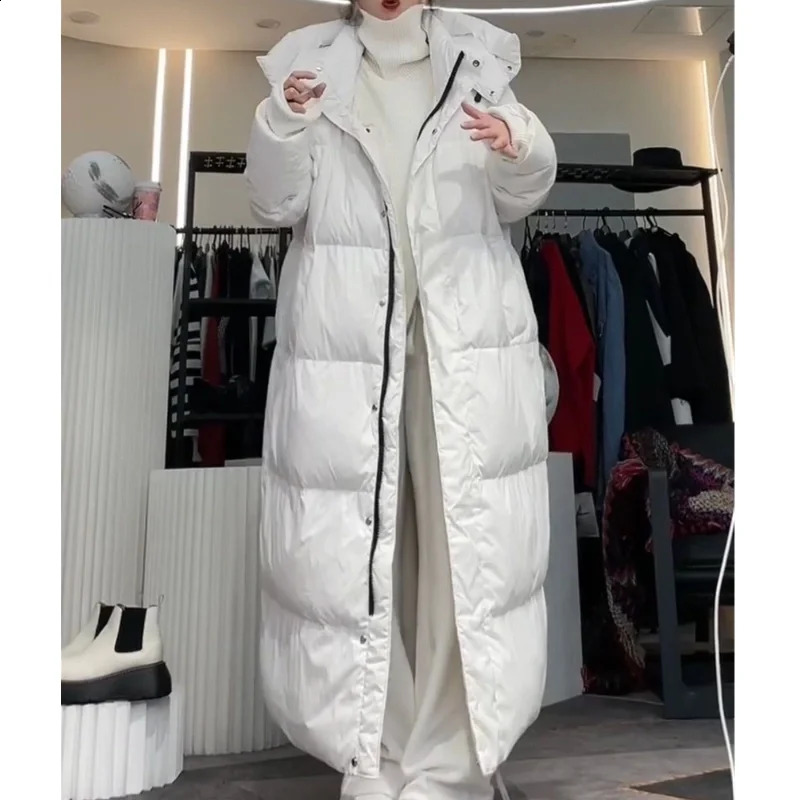 Super Changbai Duck Down Jacket Womens Winter Warm Knee Long Sleeve Solid Color Hooded Fashion 240921