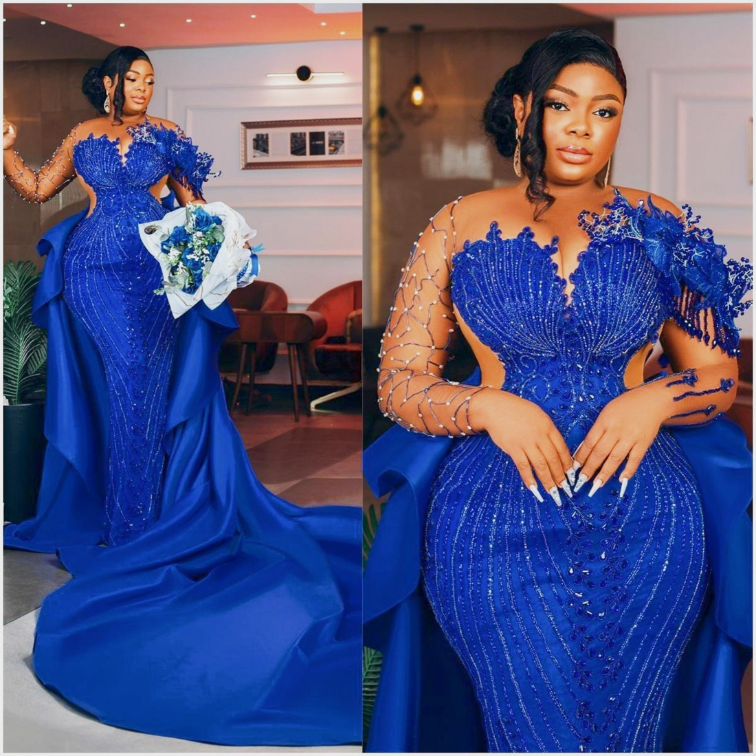 2024 Plus Size Royal Blue Prom Dress With Detachable Train Evening Dresses Mermaid Sheer Neck Long Sleeves Beaded Lace BirthdayDress Second Reception Gowns AM515