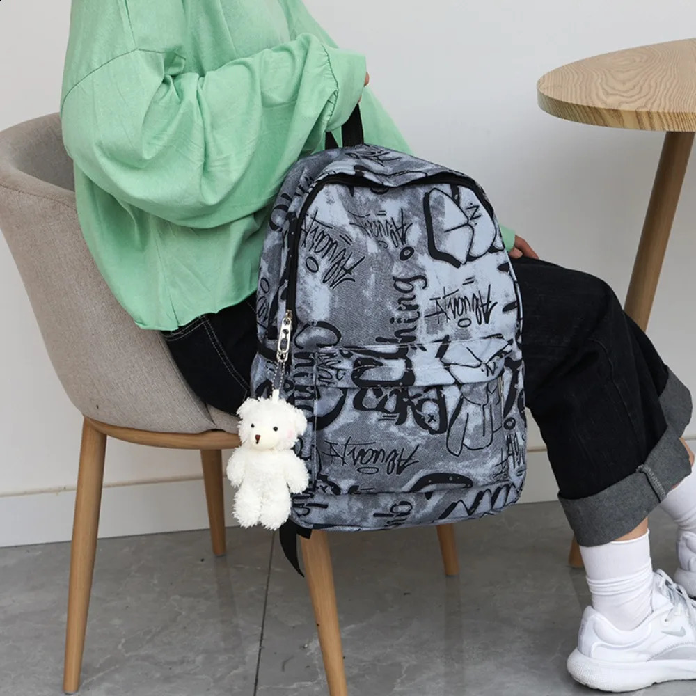 Casual Nylon Womens Backpack Large Capacity Waterproof School Bags Graffiti Printing Shoulder Bag Students y240919