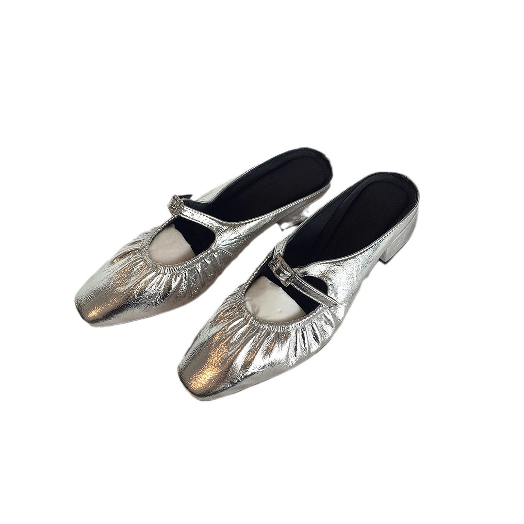 Women's Shoes Elegant Women's Ankle Strap Leather Slides with Diamond Embellishments and Wrinkle Pattern Cowhide