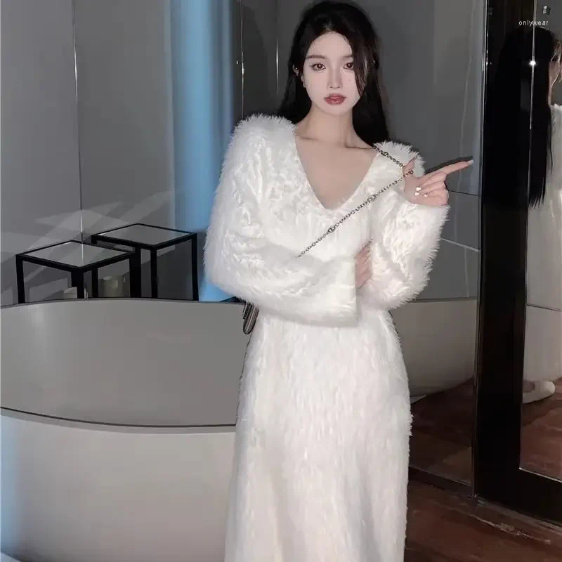 Womens Sweaters Loose Knit Long Sweater Solid White Sweaterdress Fall Winter Knitwear Dress Pullover Women Y2k Cloth Fairycore Korean 00s