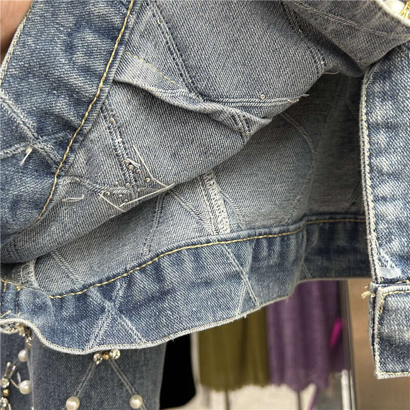 Fashion Beaded Dia Plaid Blue Short Denim Casual Round Neck Single-Breasted Long Sleeve Spring New Women Jeans Jacket