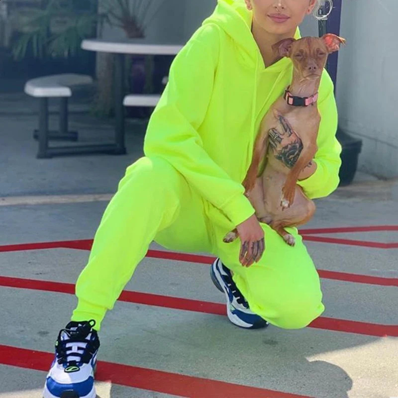 OMSJ Neon Green Solid Track Set Womens Casual Set Cute Two Piece Pants Set Long Sleeve Clothing Set Womens Wear 240924