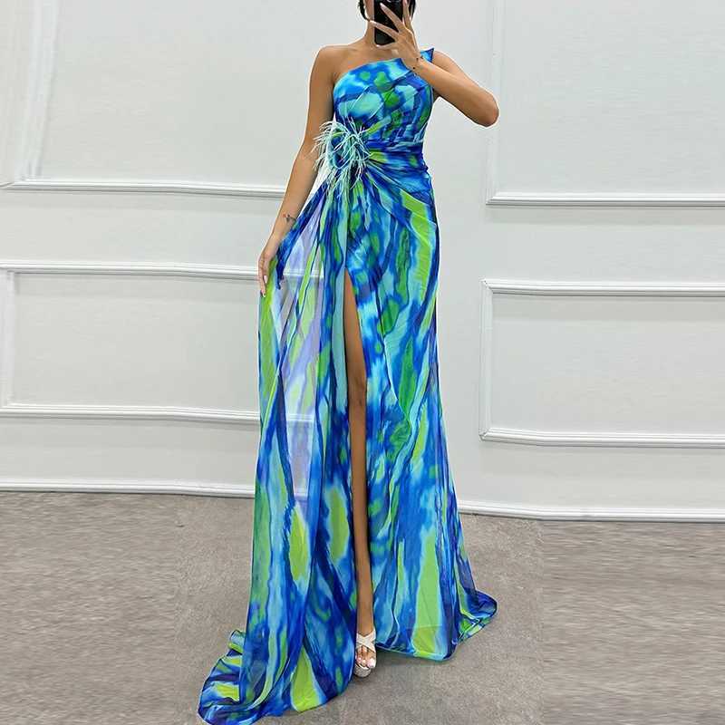 2024 Womens High Seam Chiffon Party Dress Elegant Tube Top Stainless Steel Evening Dress Cocktail Pattern Printing Formal Occasion Dress CL240924