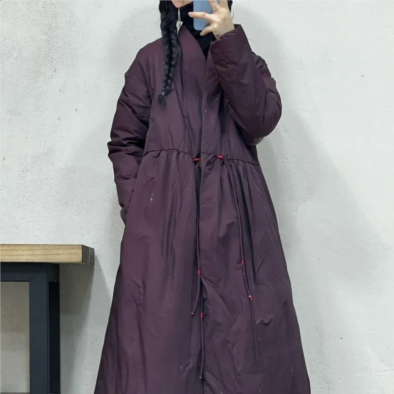 Johnature round buckle loose retro brushed down jacket winter womens solid color collar long sleeved 240921