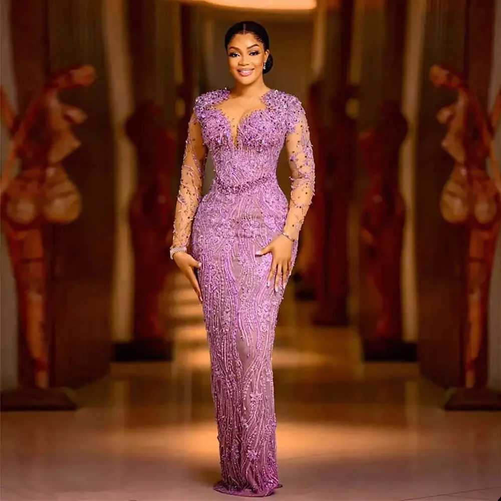 African plus size mermaid evening gown purple bead lace elegant ball gown Aso Ebi style long engagement party gown customization W240924