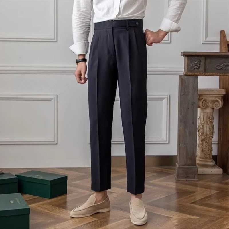 Old Money Aesthetic Mens Suit Trousers Stylish Belt Buttoned High-waisted Pants Men Fall Vintage Solid Color Slim Straight Pants Z240924