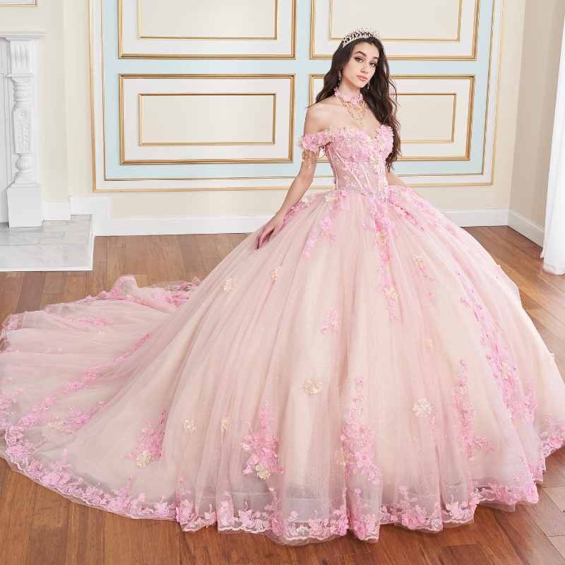 Pink Shiny Quinceanera Dresses Ball Gown Party Birthday Princess Lace Appliques Beads Crystal Tull Off The Shoulder Sweet 16 Dress Vestidos 15 De XV A