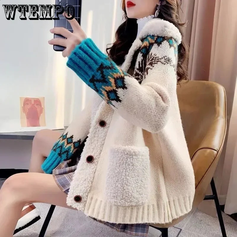 WTEMPO Womens Christmas Sweater Fur Notched Collar Warm Winter Autumn Coat Loose Button Under Knitted Womens Knitted Cardigan 240923