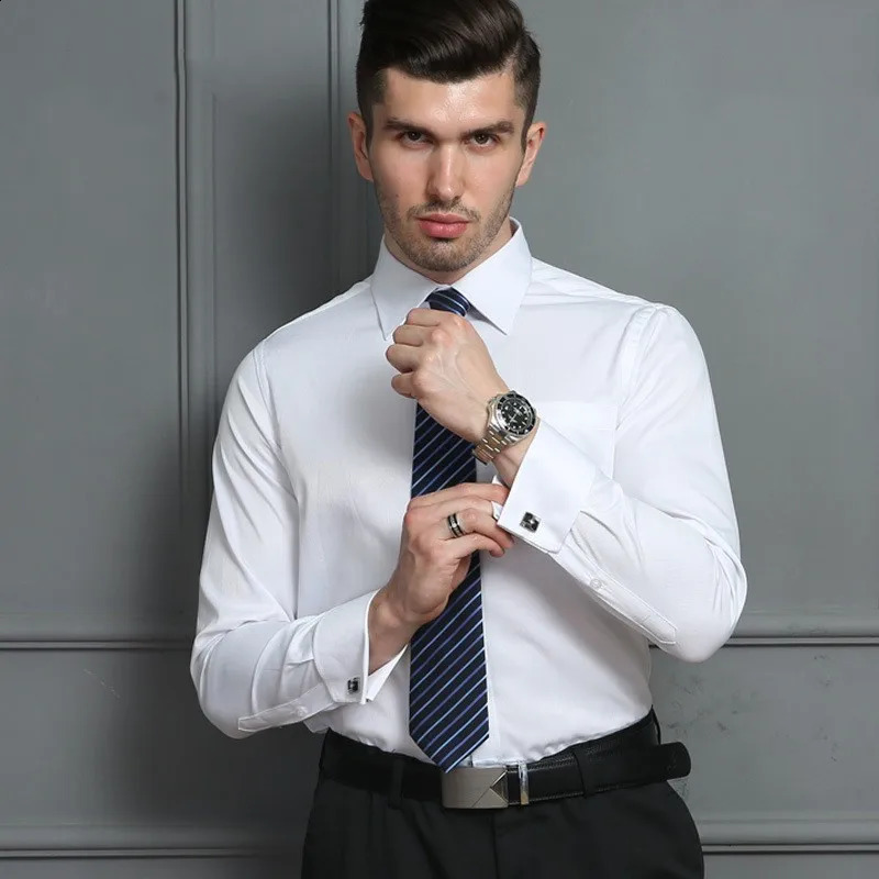 M~6XL Mens French Cuff Dress Shirt White Long Sleeve Formal Business Buttons Male Shirts Regular Fit Cufflinks Shirt 240925
