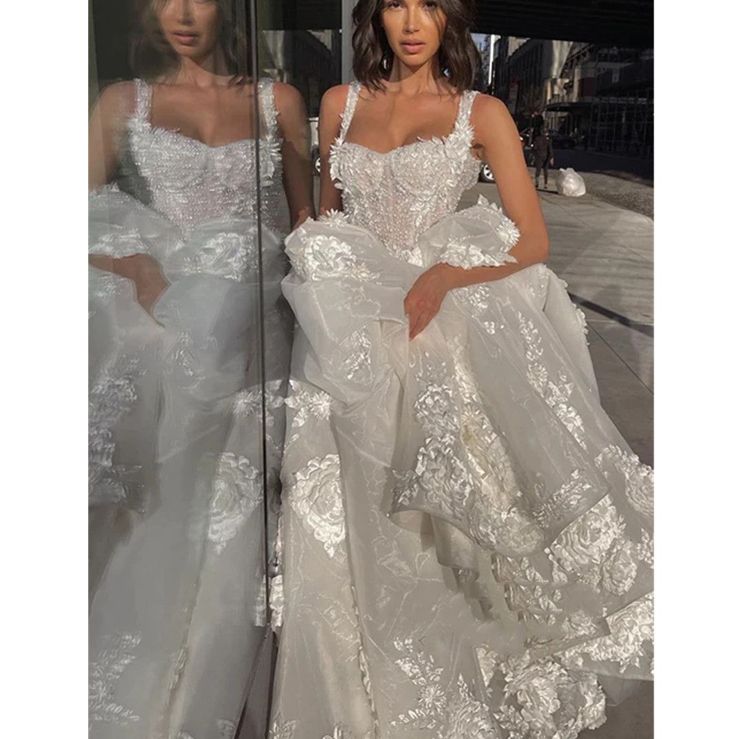Princess Boho Wedding Dress Women Gorgeous Puff Sleeves Lace Appliques Pleats A-E Bridal Gown Sweep Train 2024 6660312