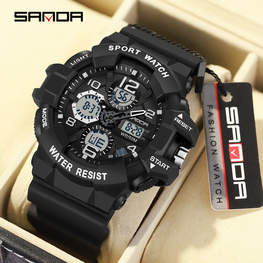 SANDA men's military watch black white sports watch LED digital 50M waterproof 3168 watch men's multifunctional clock Relogio Masculino 01