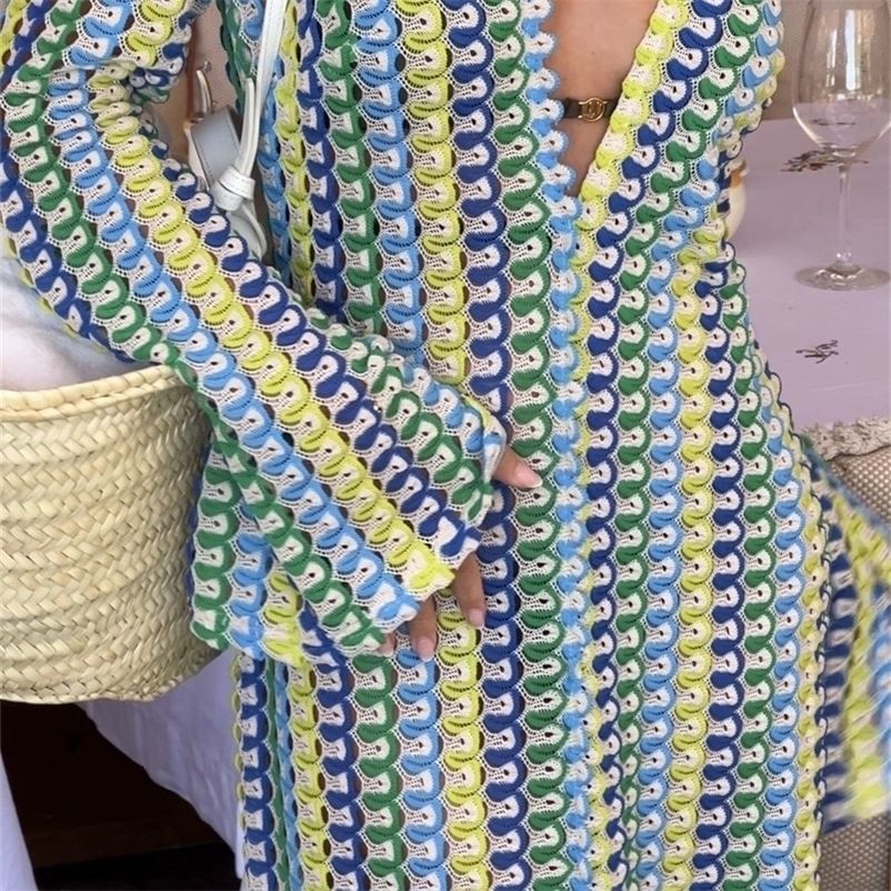 Crochet Colorful Stripe Maxi Dres Flare Sleeve Vneck High Split Sexy Long Dresses 2023 Autumn Beach Banquet Vestidos y240923