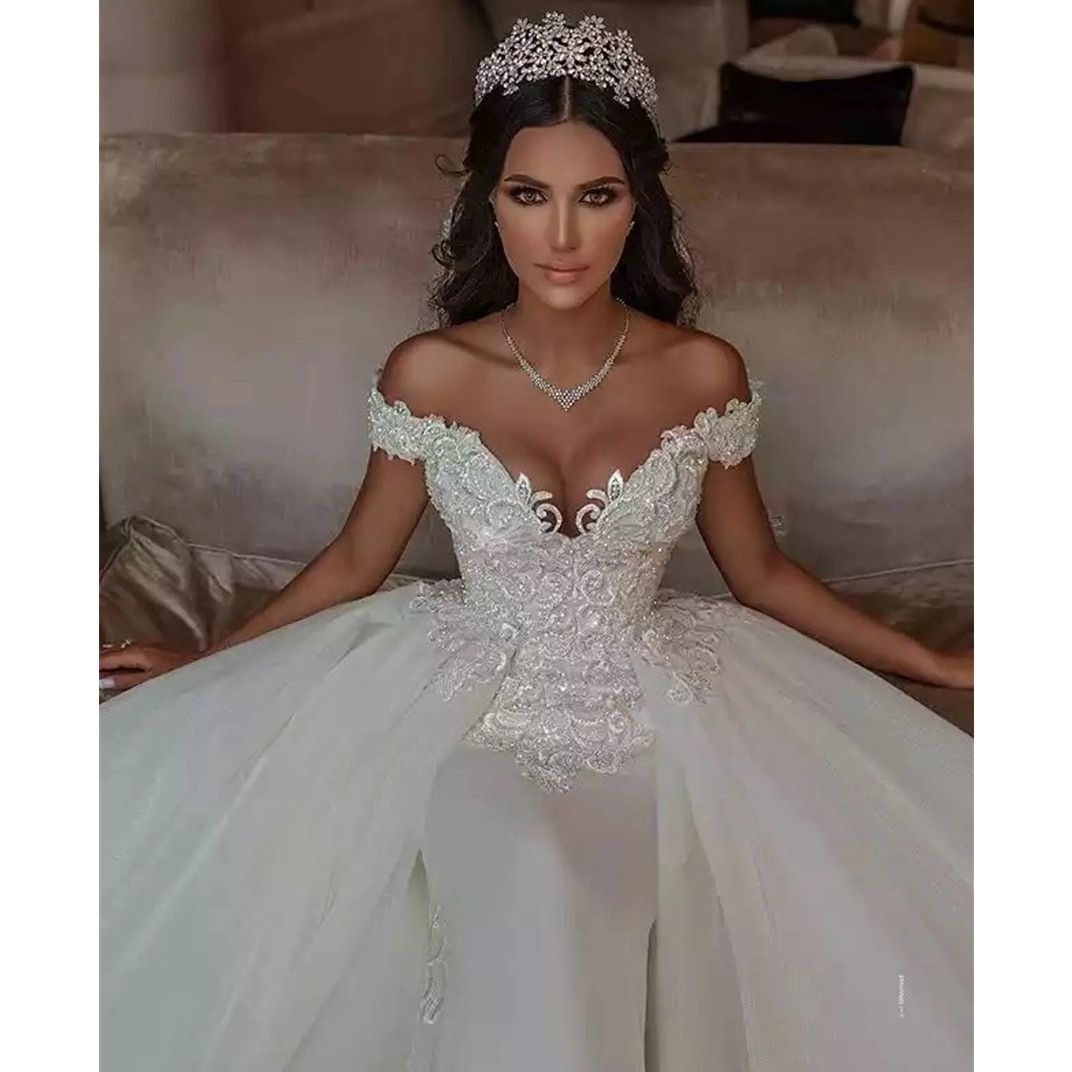 Arabic Plus Size Off Shoulder Mermaid Wedding Dress Appliques Lace Detachable Stunning Aso Ebi Bridal Gowns 2024 Custom made