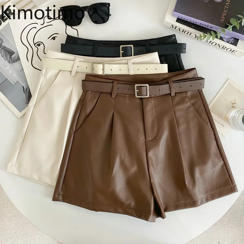 Kimotimo PU Leather Solid Womens Autumn/Winter Retro Belt High Waist Coat Wide Leg Shorts Full Match Clothing 240924 XJ260206