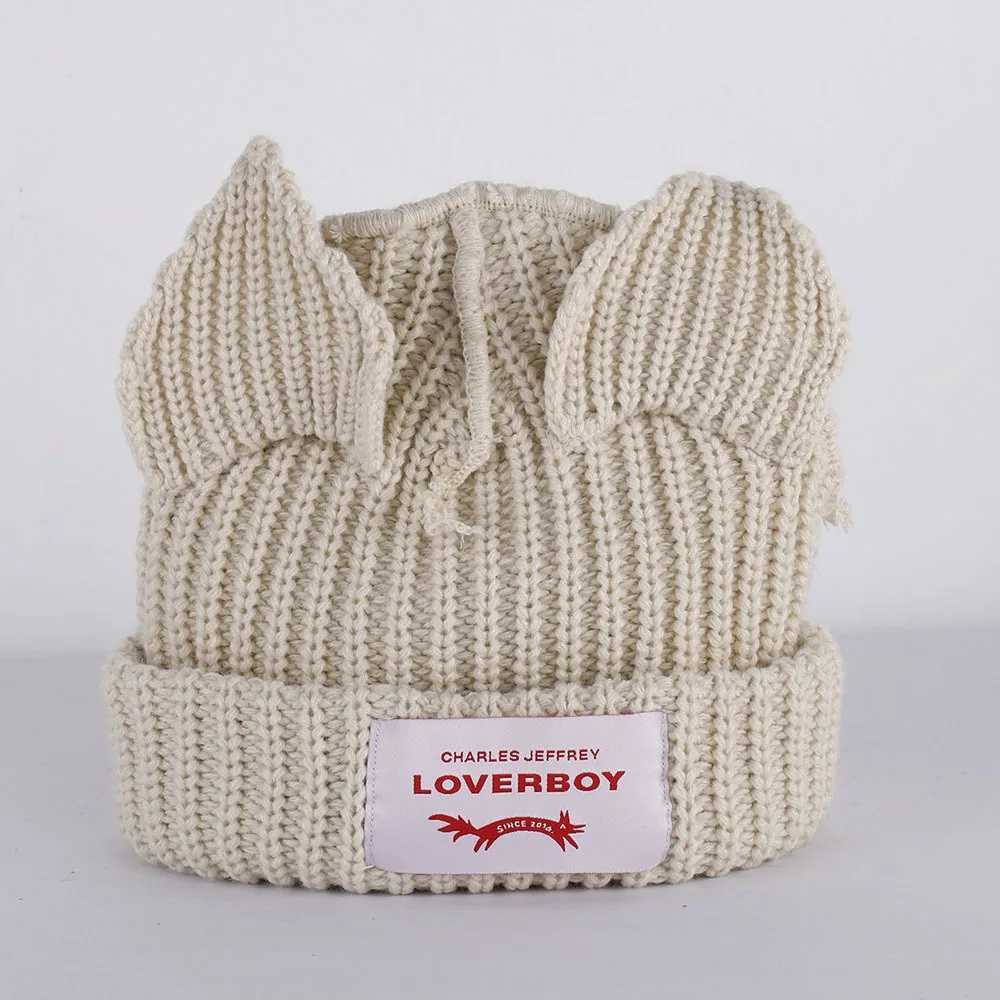 Cute double-layer Loverboy cat ear knitted hat warm hooded pig ear plush hat niche design thick warm hat unisex style W240924