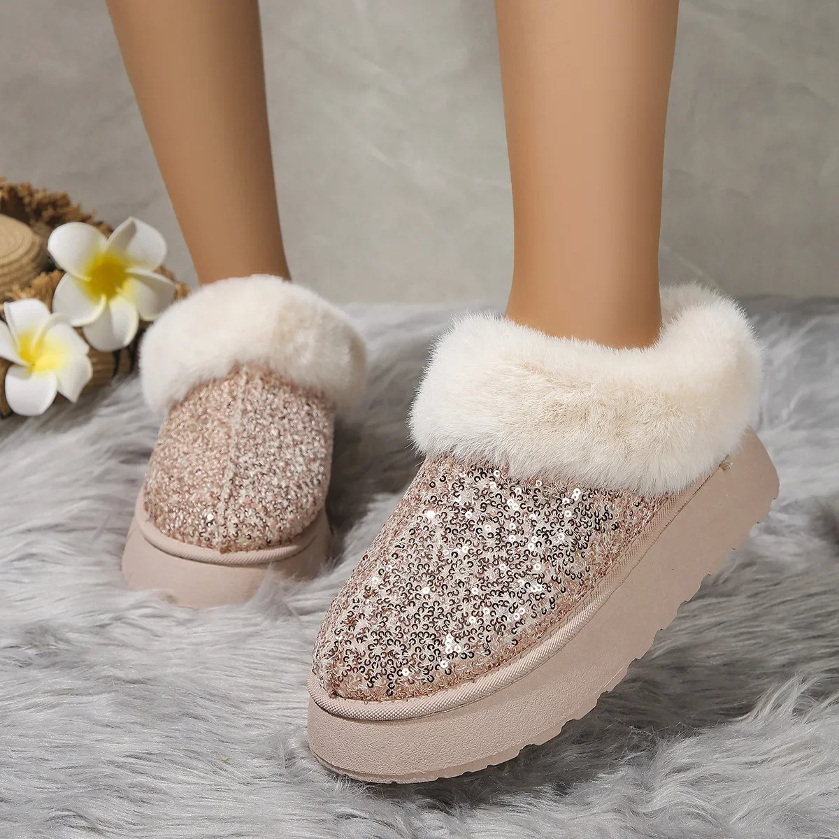 Ankle Snow Boots Women Winter 2024 New Fashion Shiny Fur Short Plush Warm Flats Slippers Platform Shoes Indoor Cotton Flip-Ps