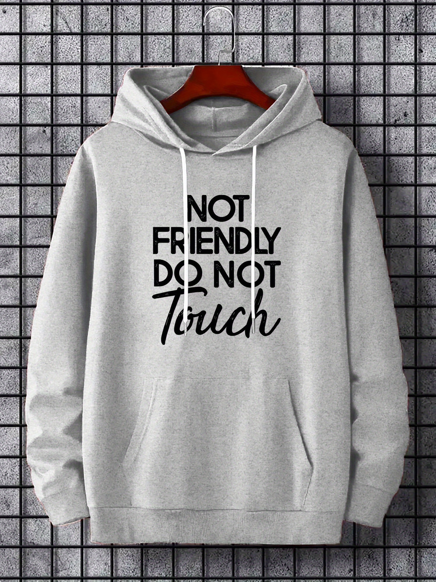 Men's NOT FRIENDLY DO NOT TOUCH Creative Print Hoodie, Casual Long Sleeve Pullover Sports Sweatshirt, Fashionable Hooded Top