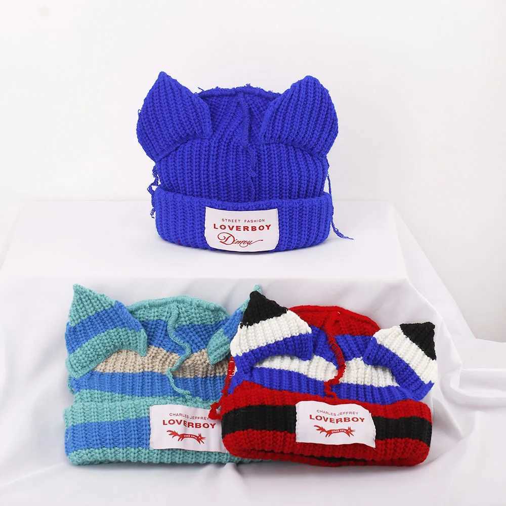 Loverboy cat ear knitted hat double-layer warm pig ear wool hat cute and fashionable hooded niche design hip-hop personality cold hat W240924