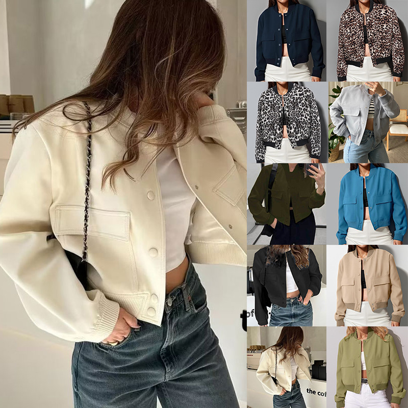 Fashion Women Elegant Solid Bomber Jacket Long Sleeve Button Slim Cropped Coat Female Casual Chic Tops Woman Streetwear