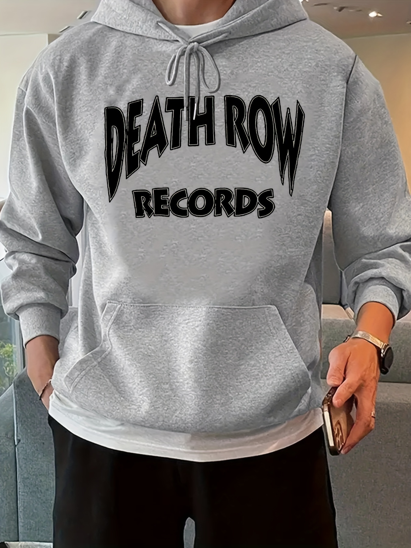 Death Row Records Graphic Print, Men's Stylish & Trendy & Cozy Long Sleeve Hoodie, Versatile Hooded Sweatshirt For Autumn & Winter Daily Wear
