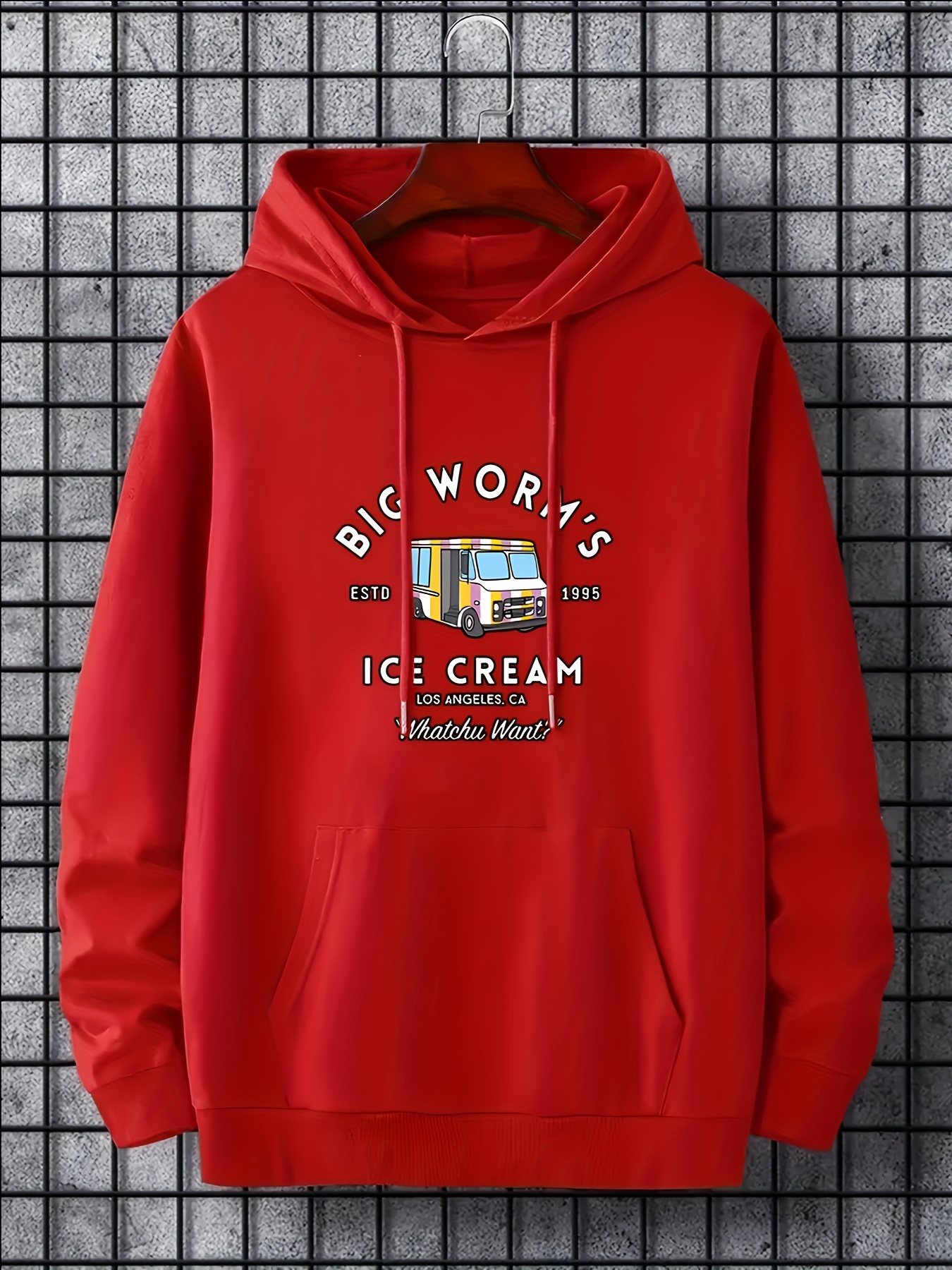 "Big Worm's Ice Cream" Print Hoodie For Men, Casual Hooded Long Sleeve Top, Men's Clothes For Spring Fall Winter, As Gift