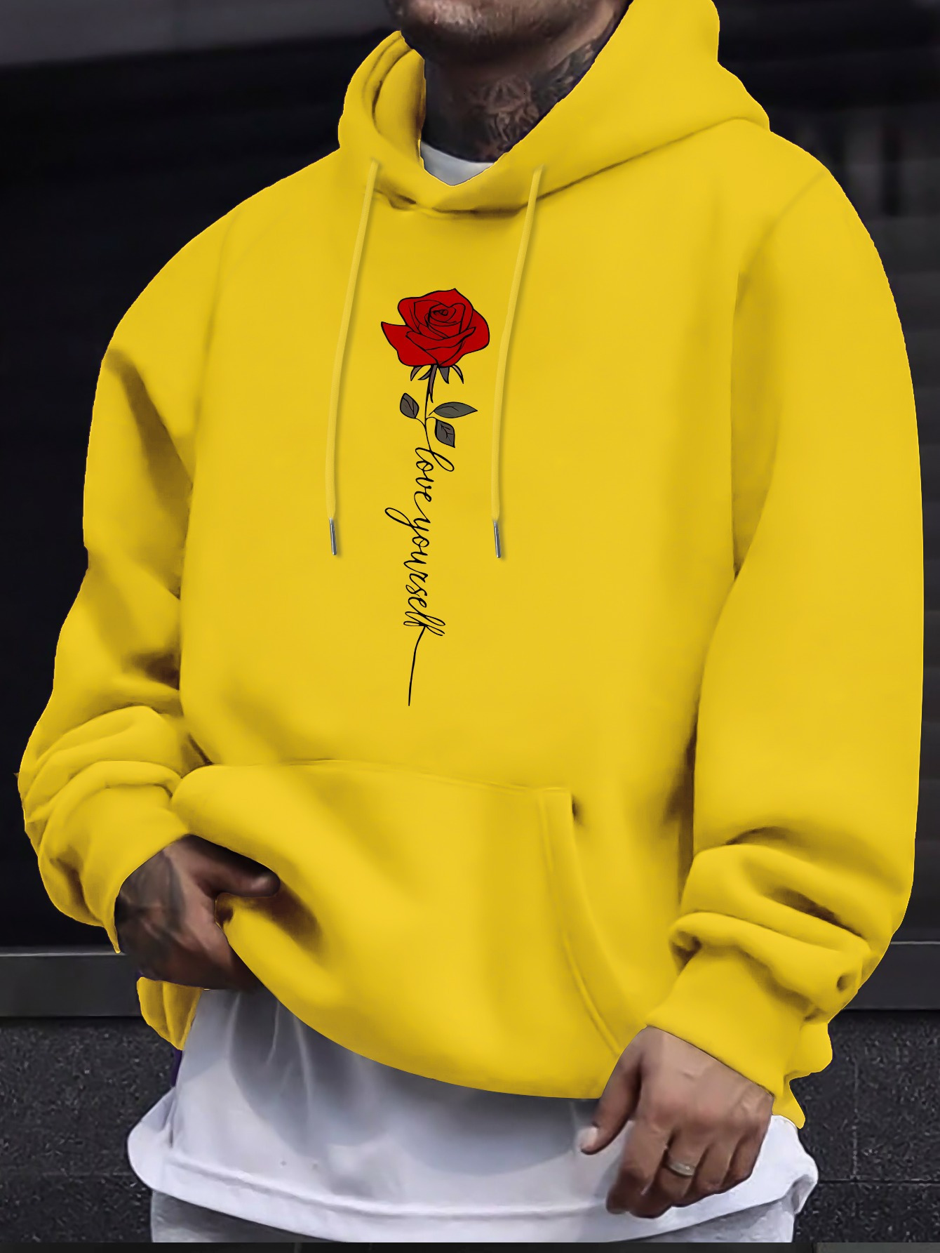 Rose And LOVE YOURSELF Print Men's Trendy Versatile Hoodie, Comfortable Long Sleeved Top, Perfect For Autumn And Winter Daily Commute & Outdoor T