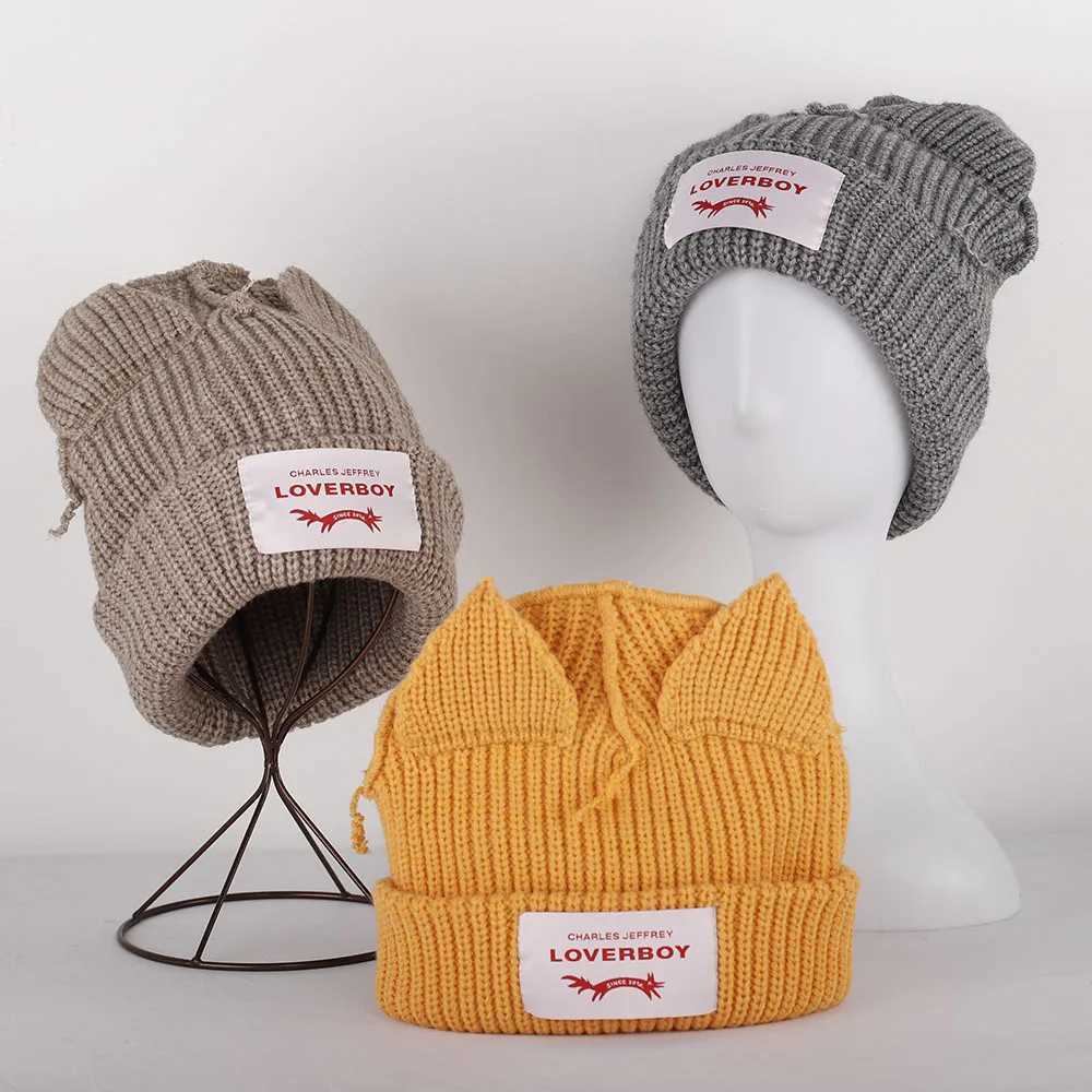 2023 New Fashion Loverboy Cat Ear Knitted Hat Solid Warm Pig Ear Wool Hat Cute Hoodie Niche Design Hip Hop Christmas Gift W240924